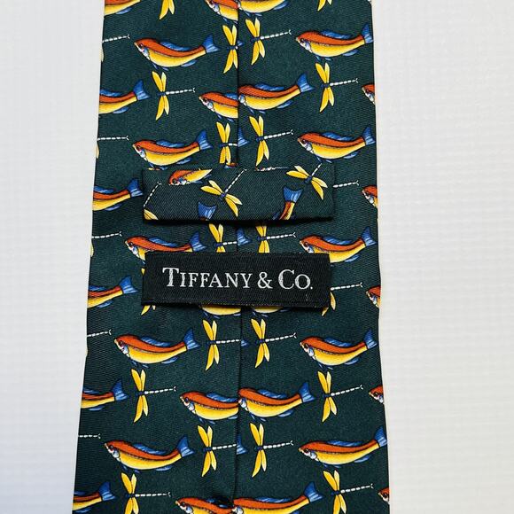 Tiffany & Co Necktie Mens Silk Fish Dragonfly Print Made in Italy Designer Tie - Picture 3 of 10
